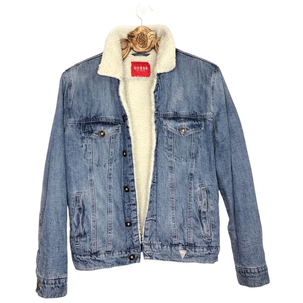 Guess Sherpa Lined Denim Jean Bomber Jacket Blue Small